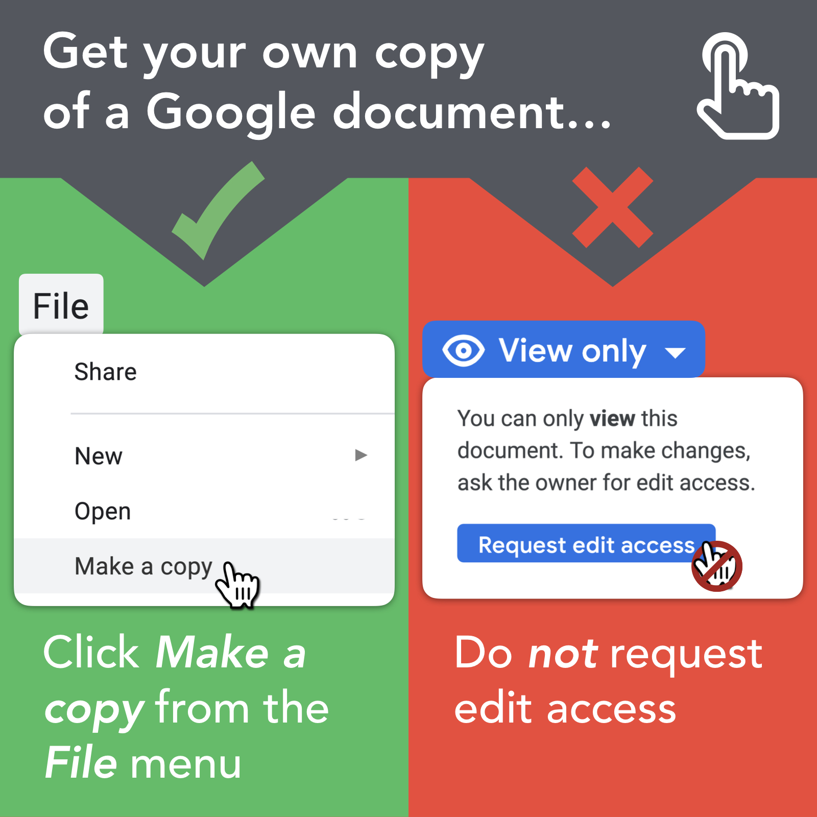 Get your own copy of a Google Document with File > Make a copy