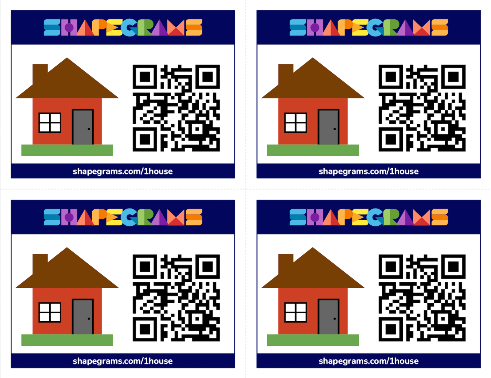 4 QR code cards with a picture of a red house