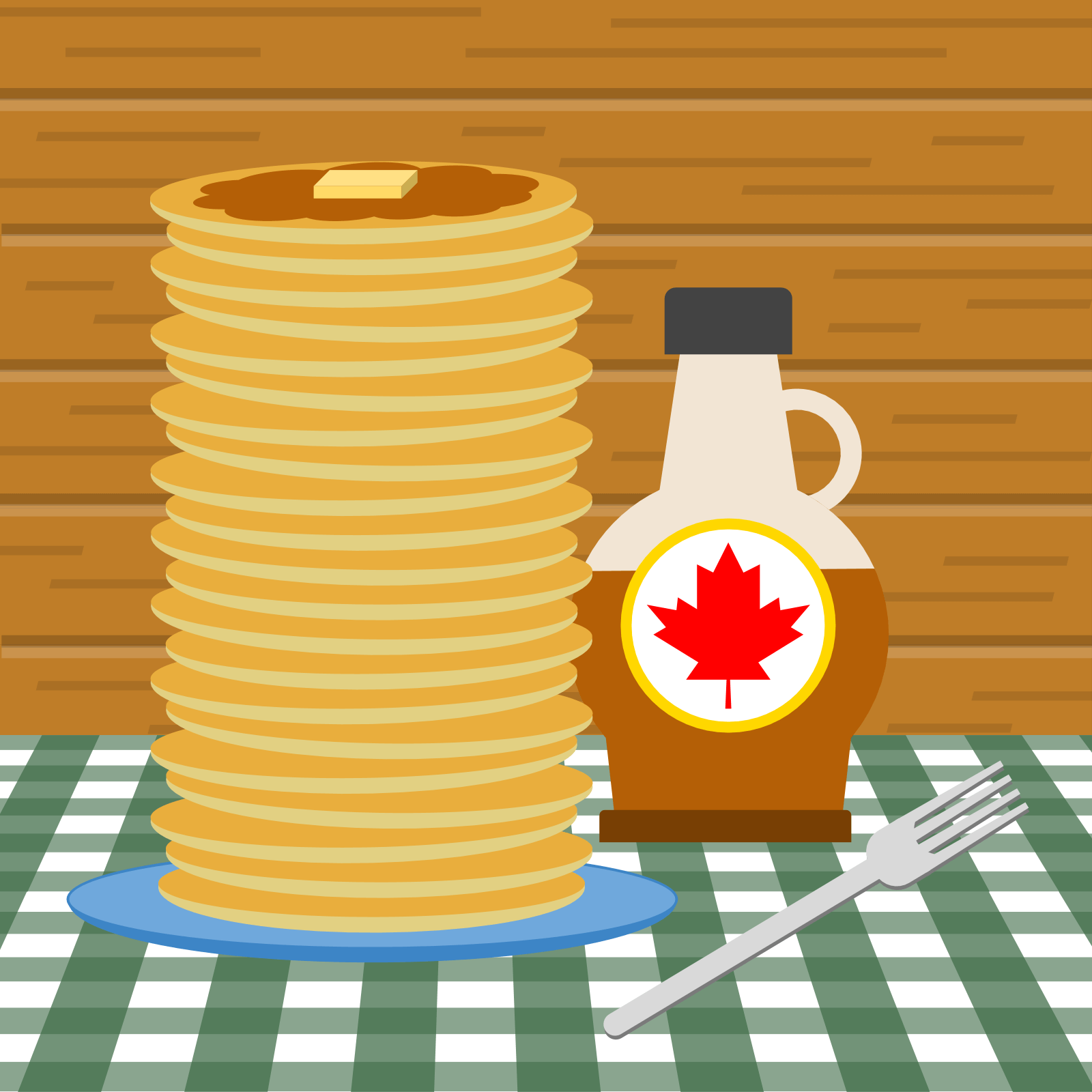 Stack of pancakes, bottle of syrup, and a fork