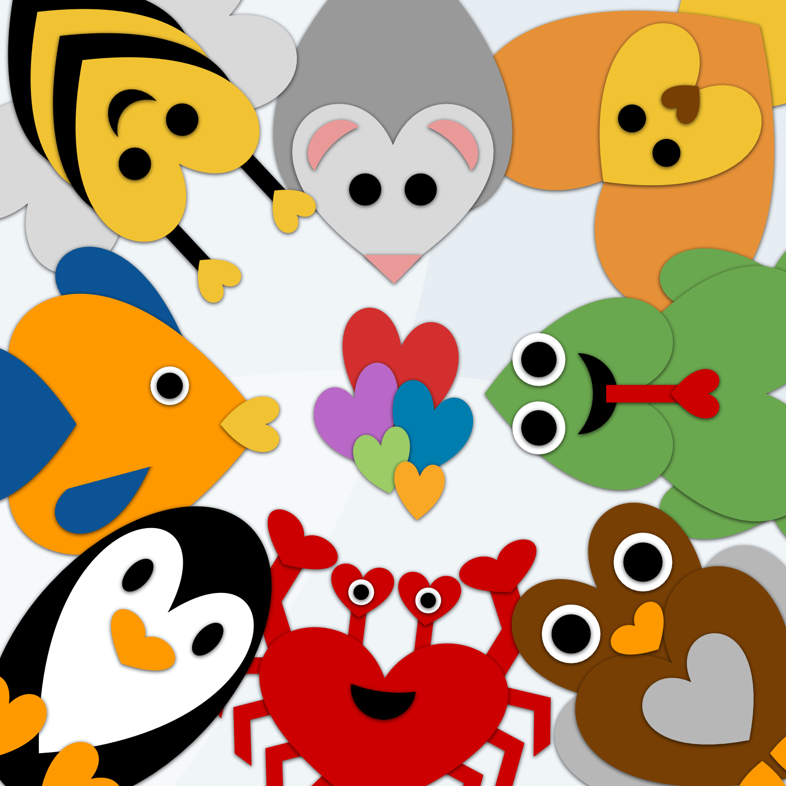 Bee, mouse, lion, frog, owl, crab, penguin, and fish drawings made with mostly hearts