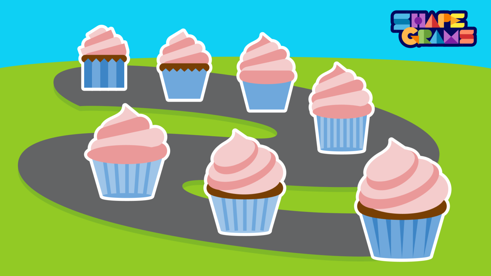 7 drawings of a cupcake on a path