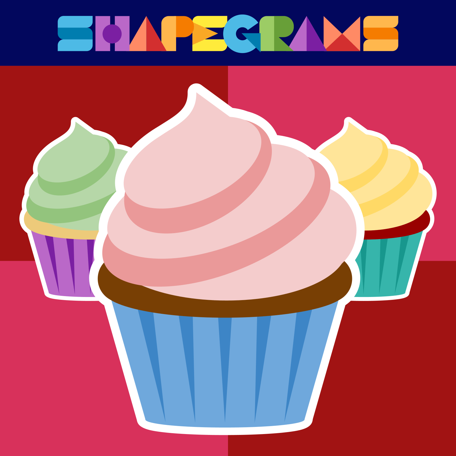 Drawing of a three colorful cupcakes