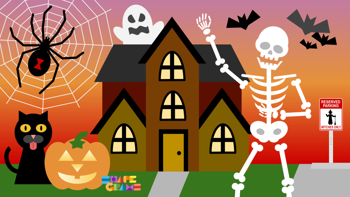 Collage of pictures with a house, skeleton, cat, ghost, bats, and spider web