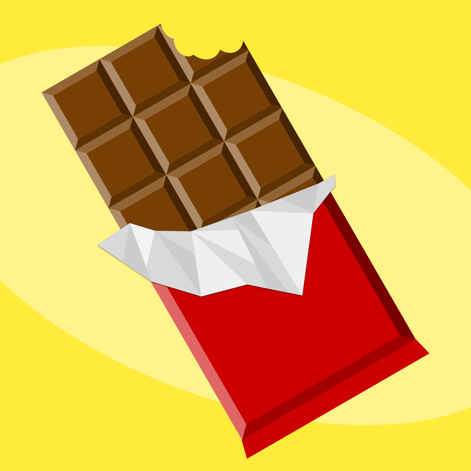Partially unwrapped chocolate bar with a bite removed