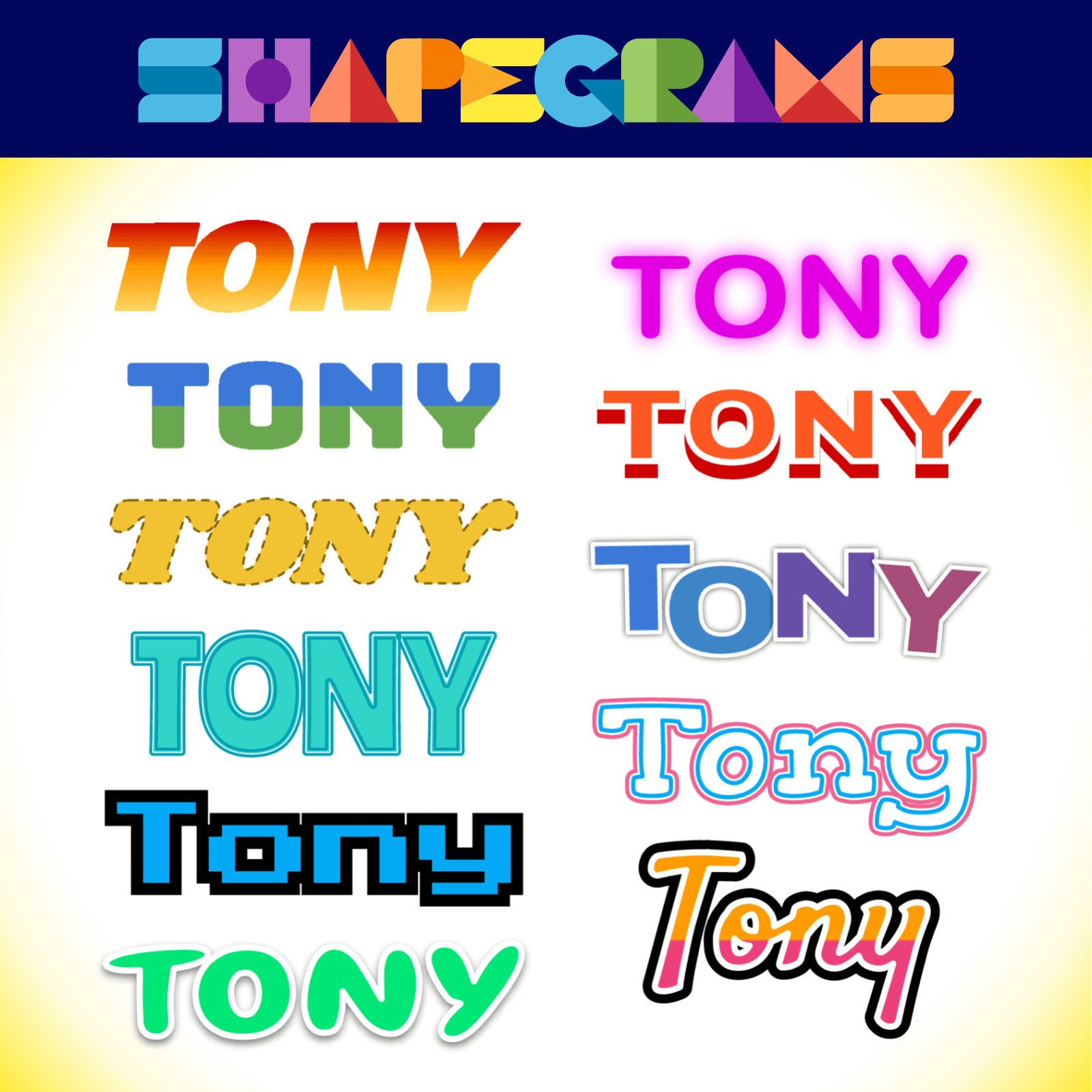 The name Tony styled in many different ways