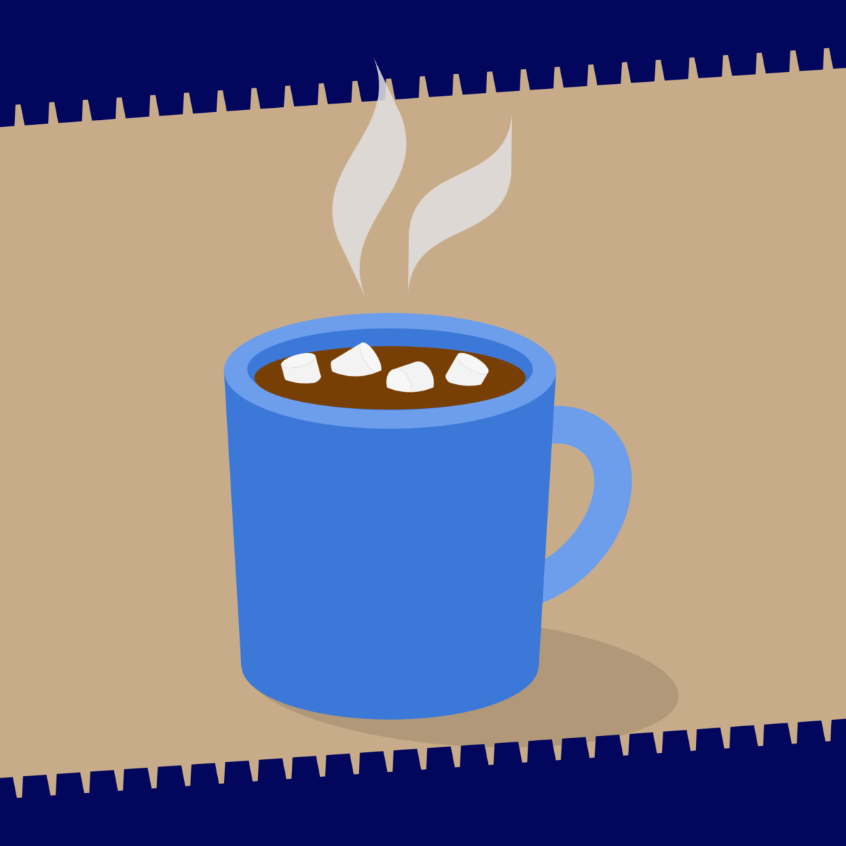 Drawing of a mug filled with hot chocolate with marshmallows floating on top