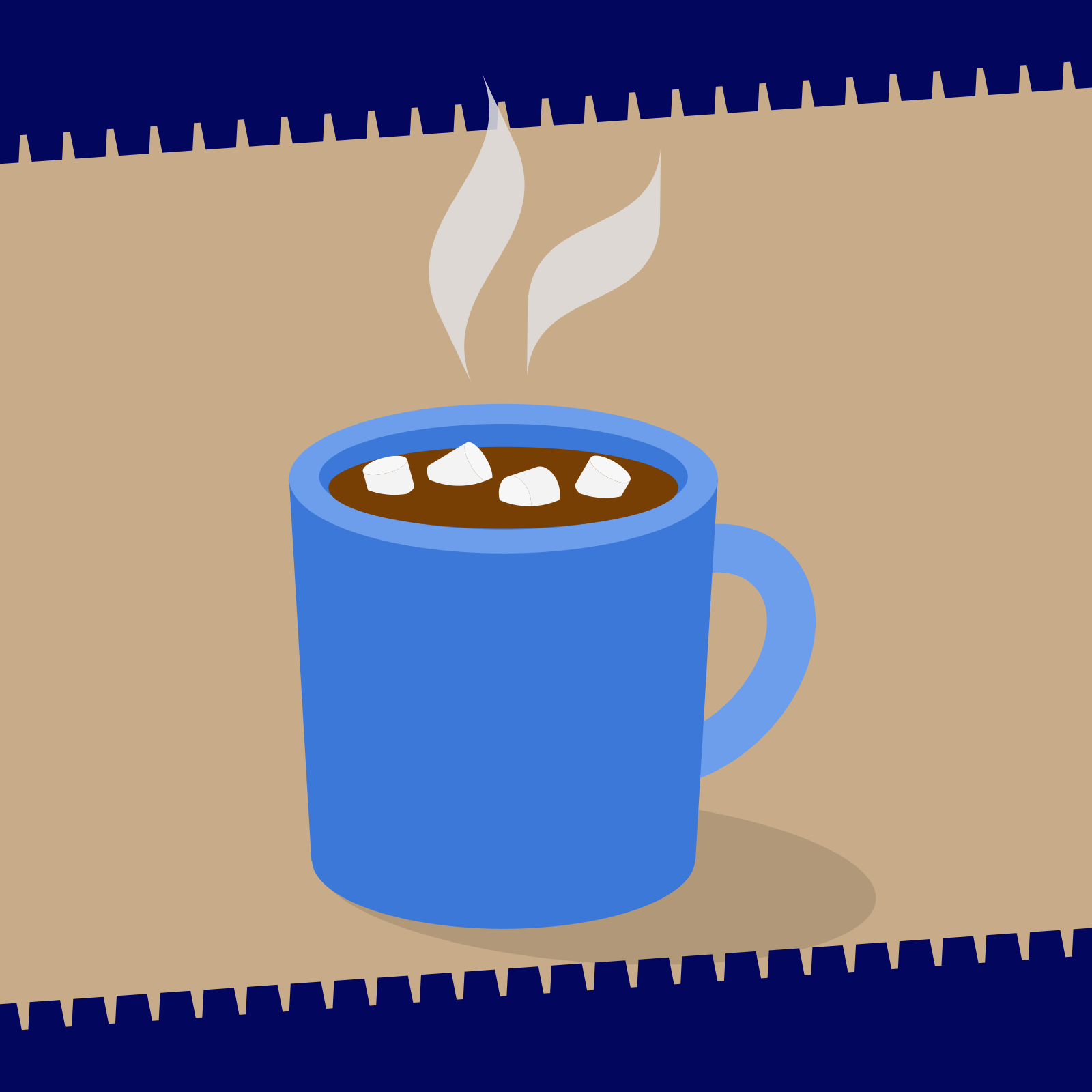 Drawing of a mug filled with hot chocolate with marshmallows floating on top