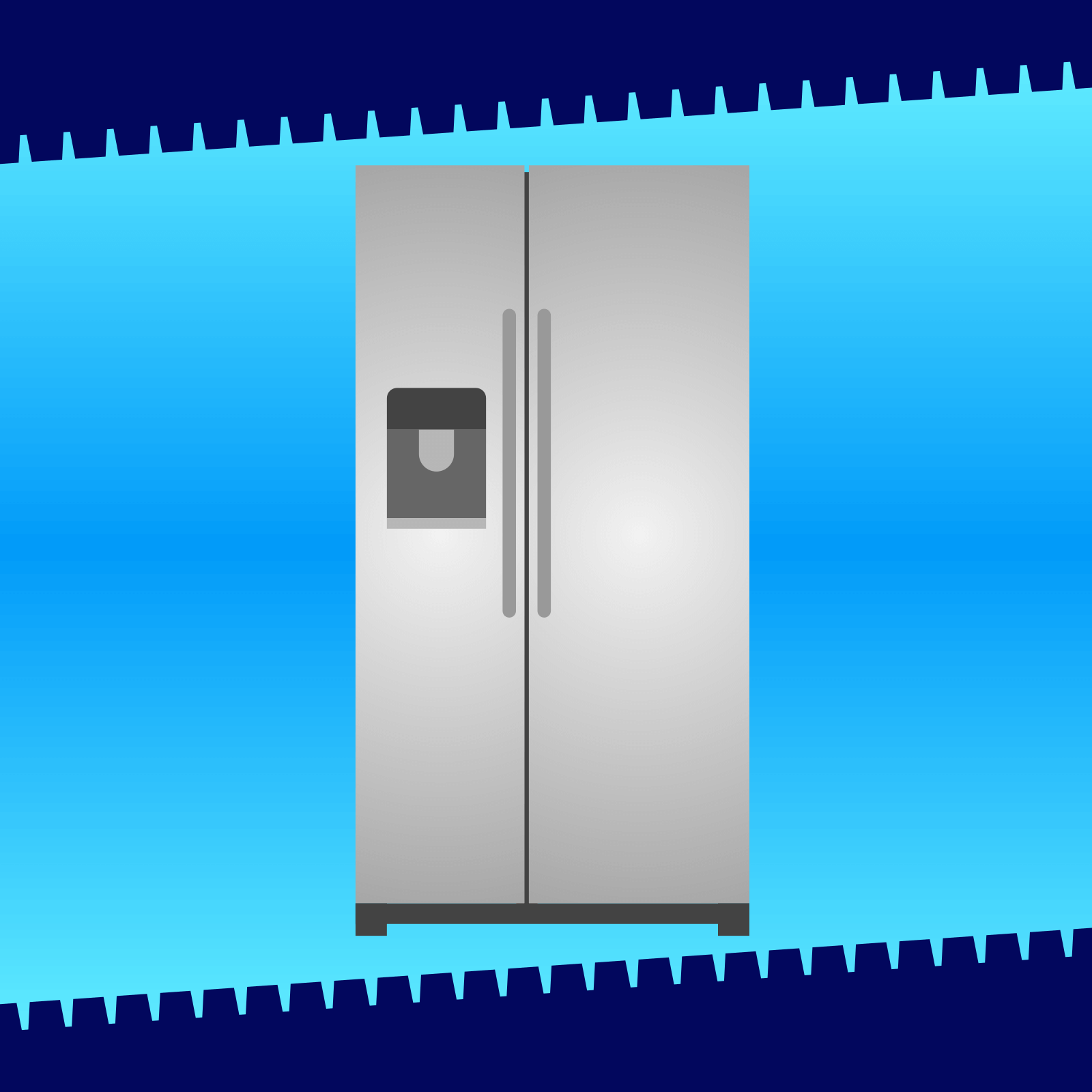 Drawing of a stainless steel refrigerator with water and ice dispenser