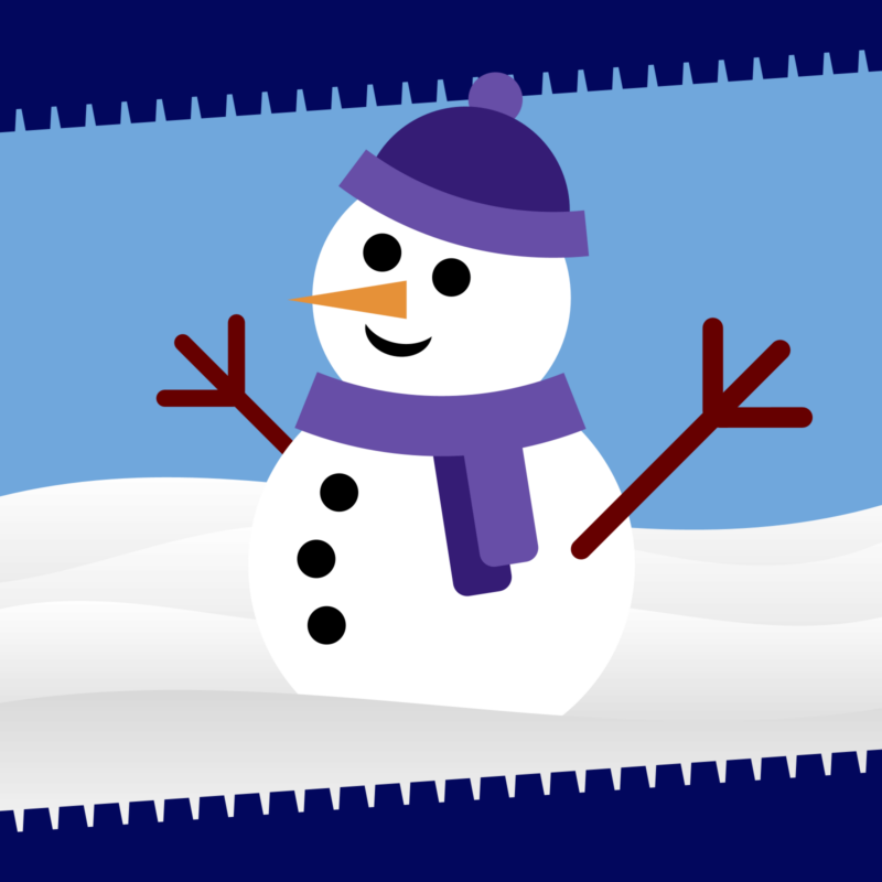 Snowman wearing a purple cap and scarf