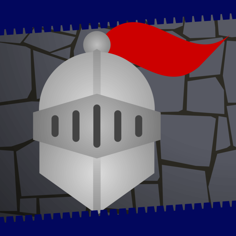 Drawing of a metal knight's helmet with a red plume