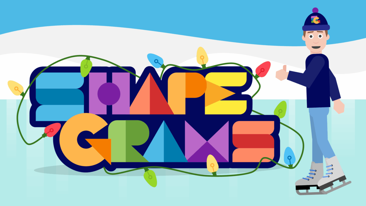 Shapegrams logo with holiday lights and Tony giving a thumbs up while ice skating